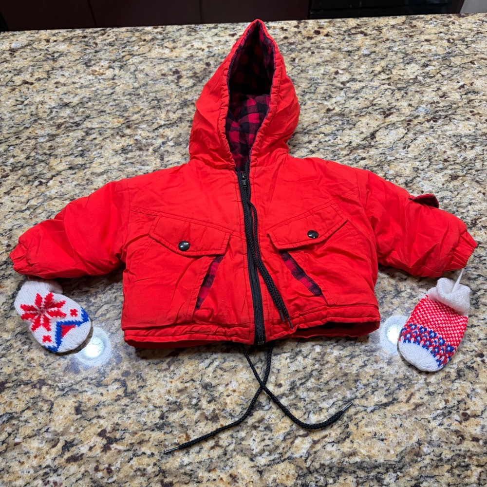 Weather Tamer Vintage Boy Red Hooded Puffer Jacket Plaid Lined 12M Mittens